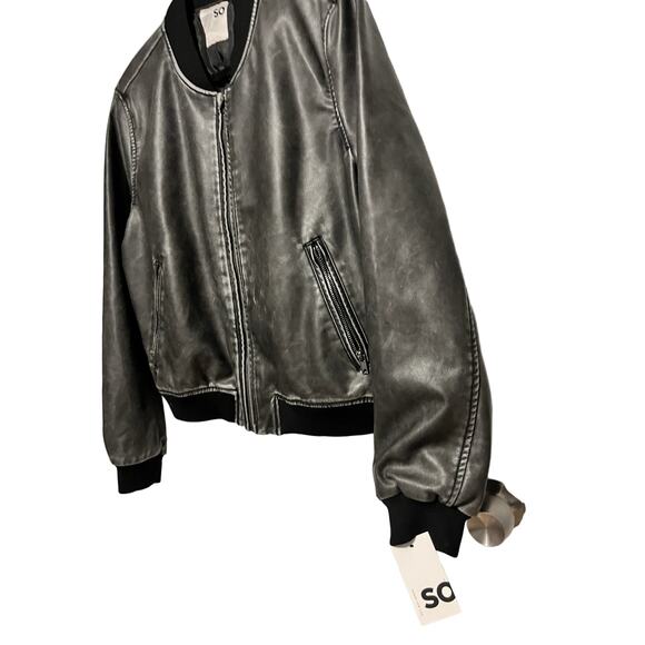 SO Faux Leather Bomber Jacket L Black Zip Front Vegan Moto Streetwear NWT edgy - Picture 7 of 10